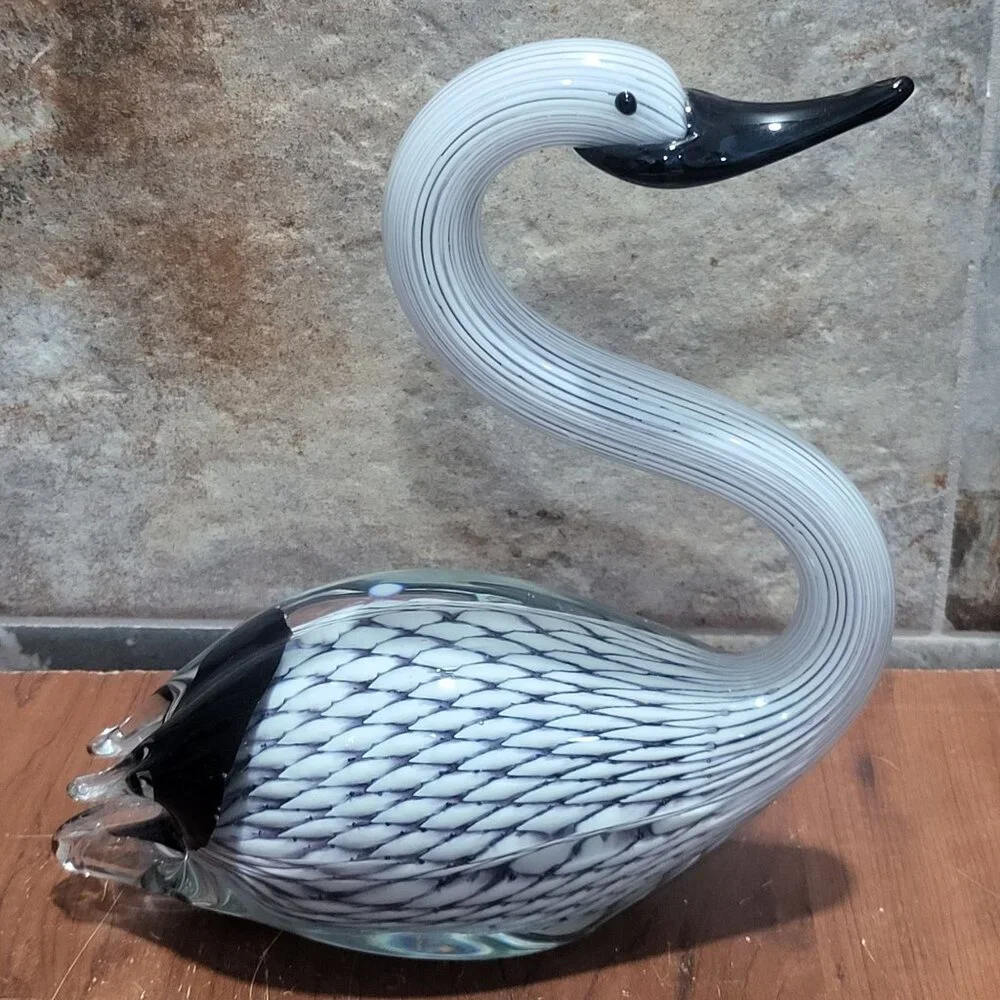Hand Blown Art Glass Black White Swan Sculpture Glass Duck